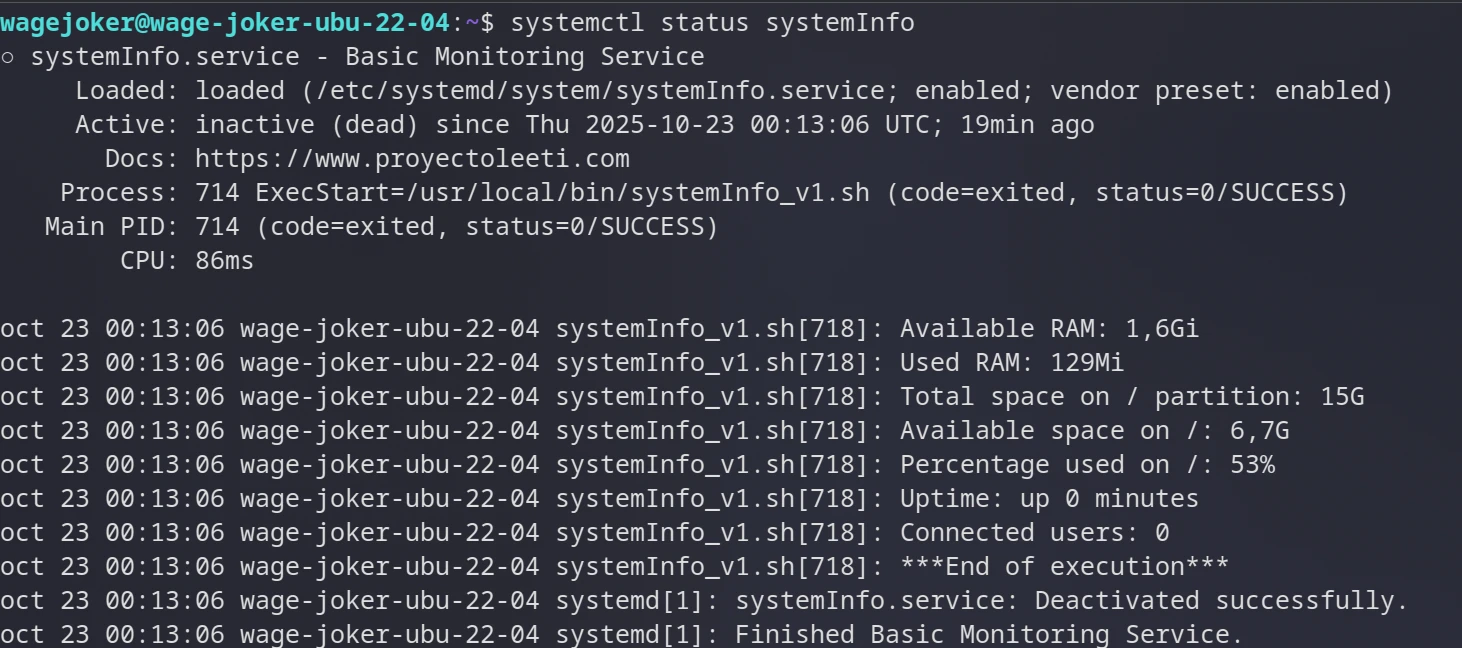 Check the service status and details like last execution and latest journal logs.